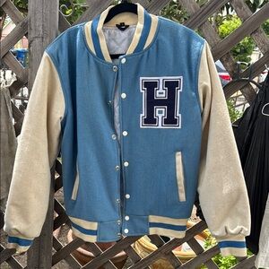 Blue and Cream Varsity Jacket with H Patch